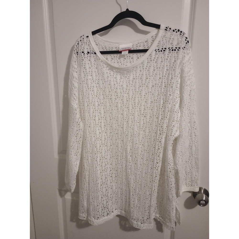 Moda International Forelli Womens 22/24 White Crochet Open Knit Tunic Top 3/4...